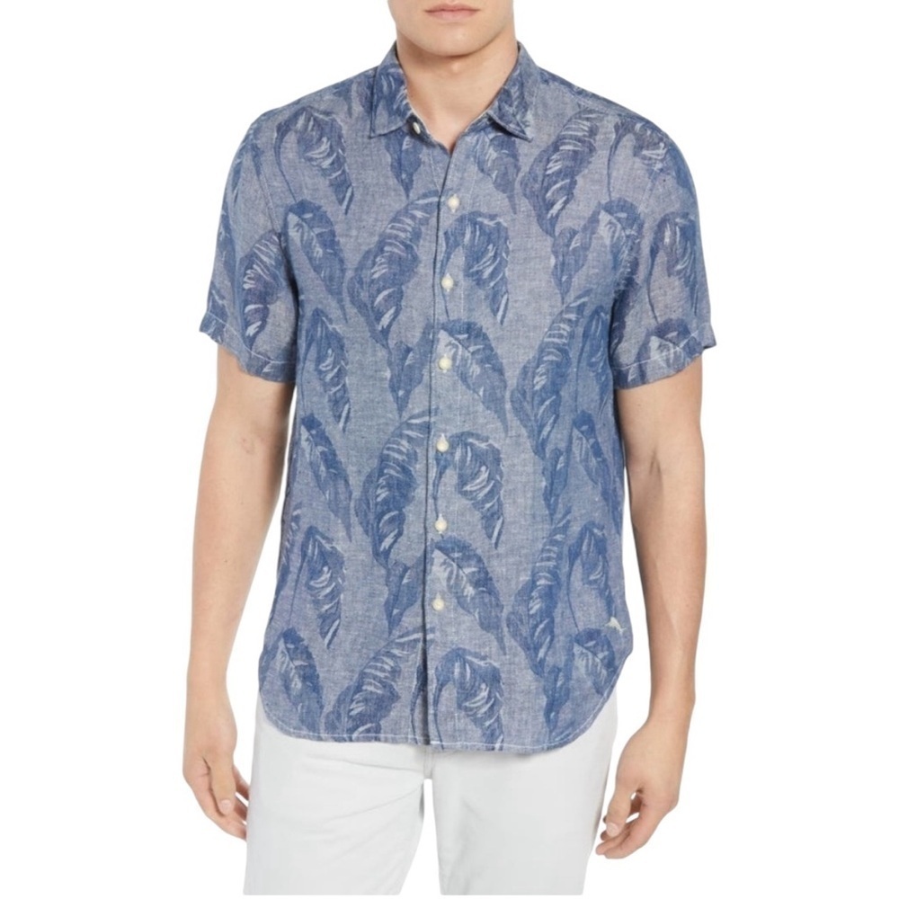 Tommy Bahama Help Me Fronda Linen Camp Shirt Size XL Ocean Deep Blue